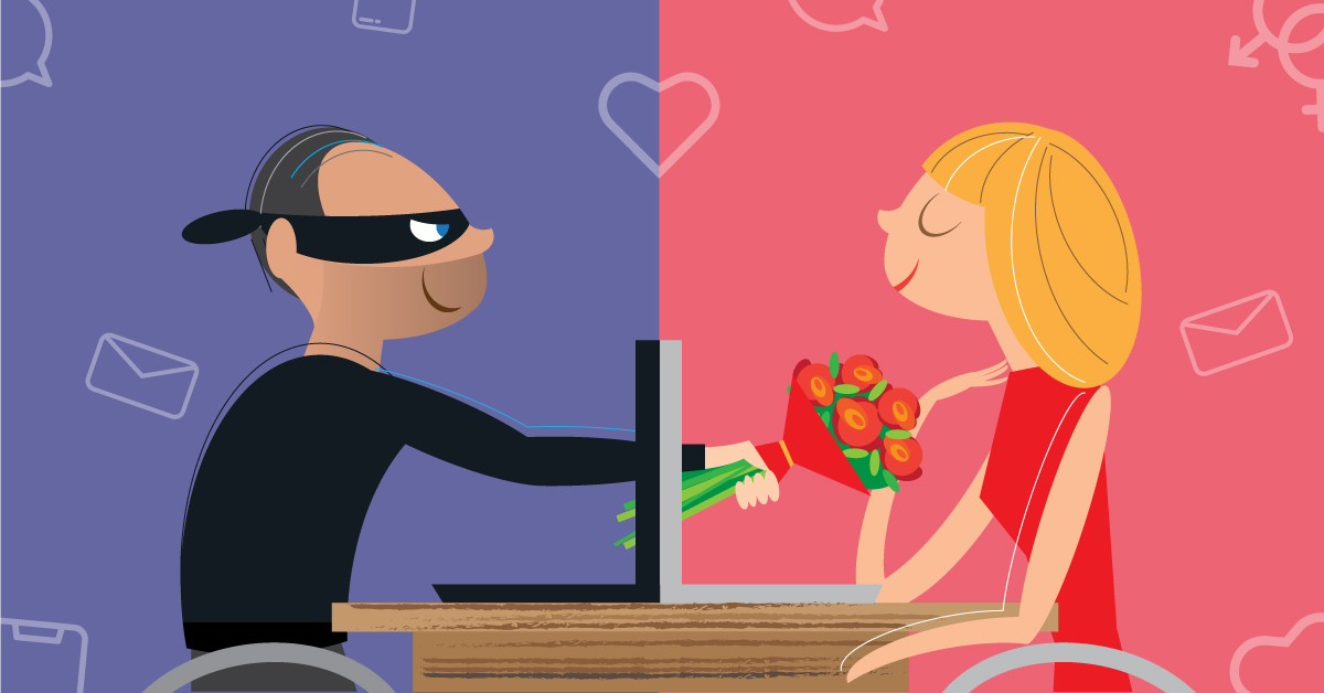 Animation of a thief offering flowers via online dating to a blonde woman wearing a red dress, trying to scam her