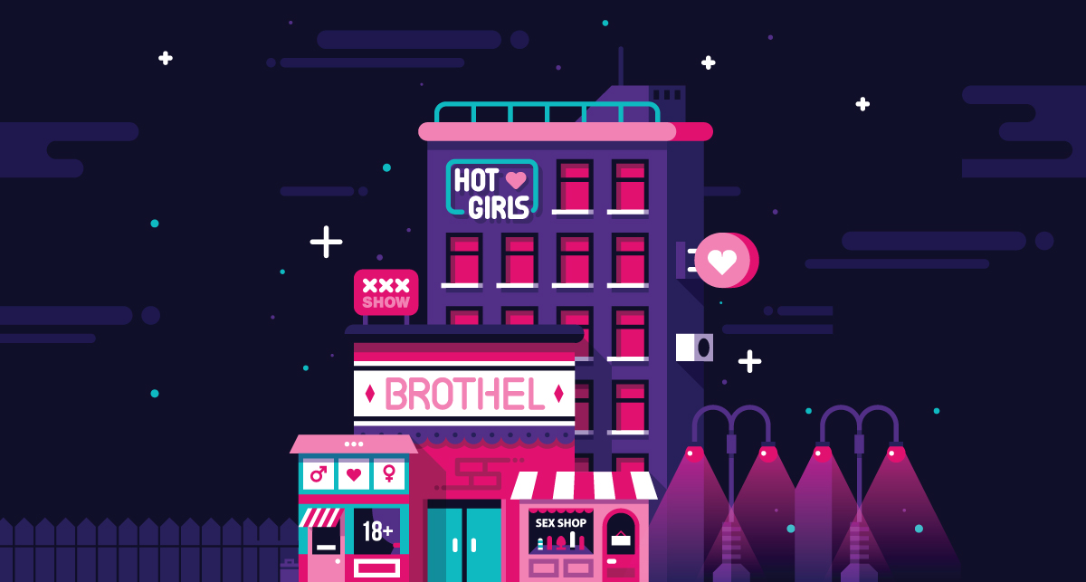 Multiple buildings tinted pink and purple depicting different entertainment locations one can find in a red light district.