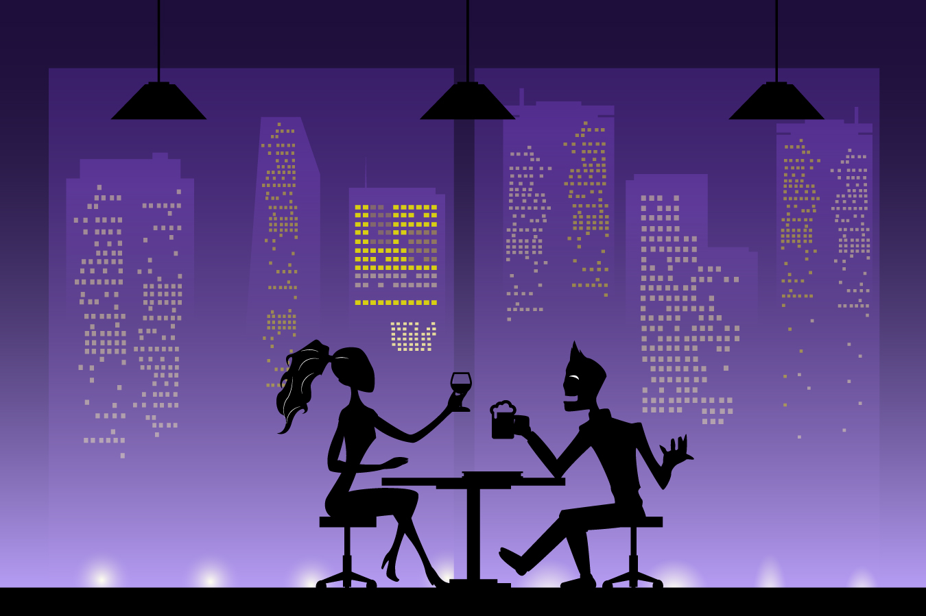 Blacked out silhouettes of man holding a glass of beer and woman holding a wine glass sitting on a bar table talking.