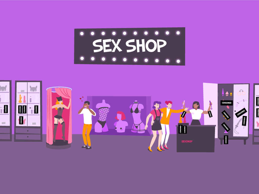 People buying and selling adult products in a sex shop while some change into adult costumes and look at mannequins.