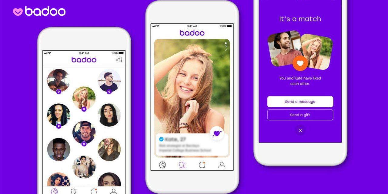 Four mobile phones with Badoo app running on all devices, showing the process from searching for someone until matching them