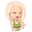 Animation of blond woman with green vest, chuckling with hand over her mouth and winking