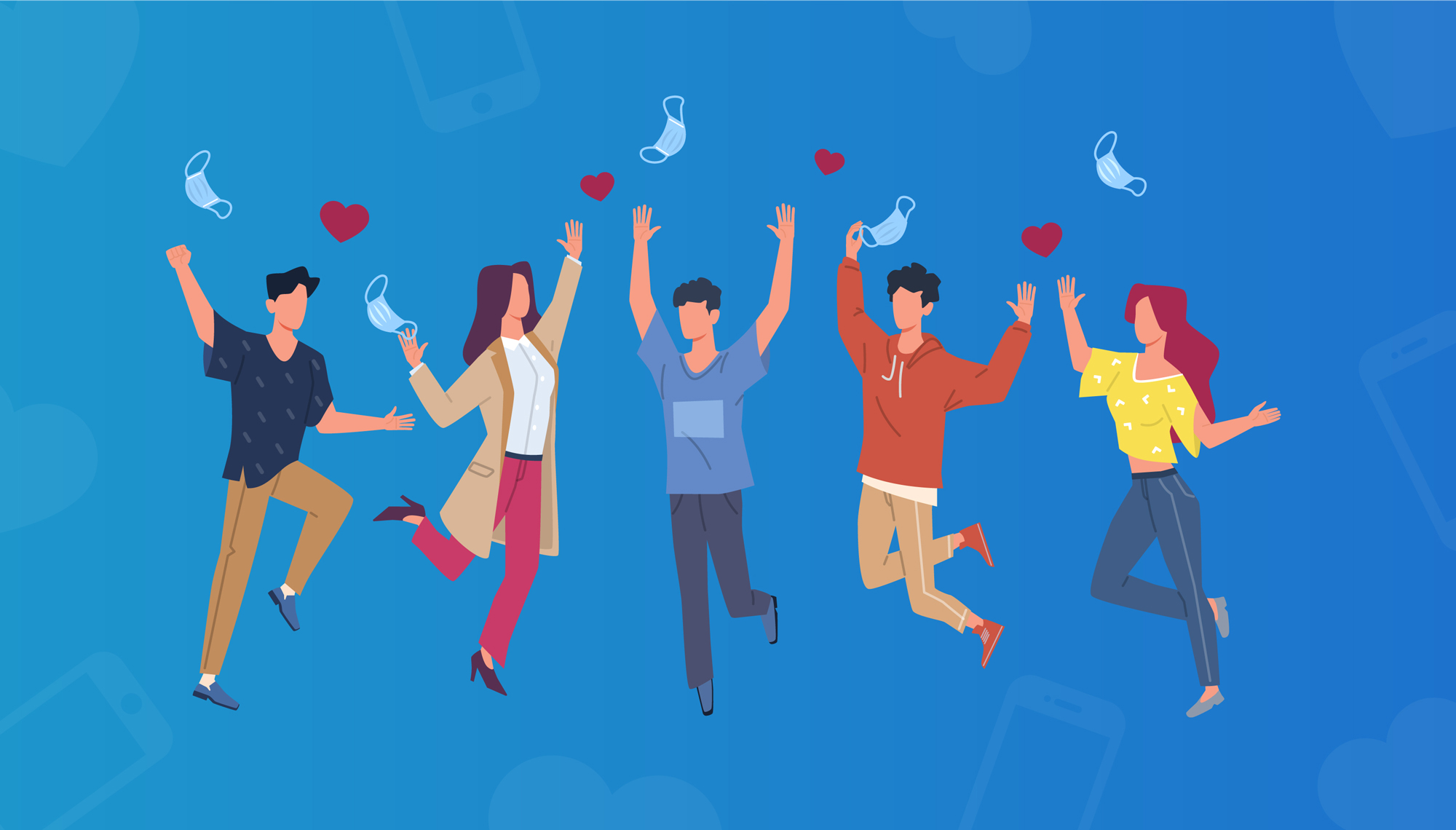 Animation of 5 people holding or throwing their face masks in the air jumping around with joy, with "heart" icons above them.