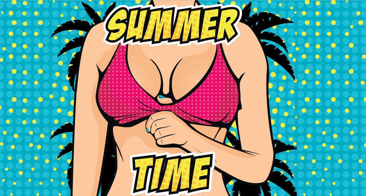 Animation of woman's torso in a pink bikini, standing in front of palm trees. "Summer Time" text is in front of her