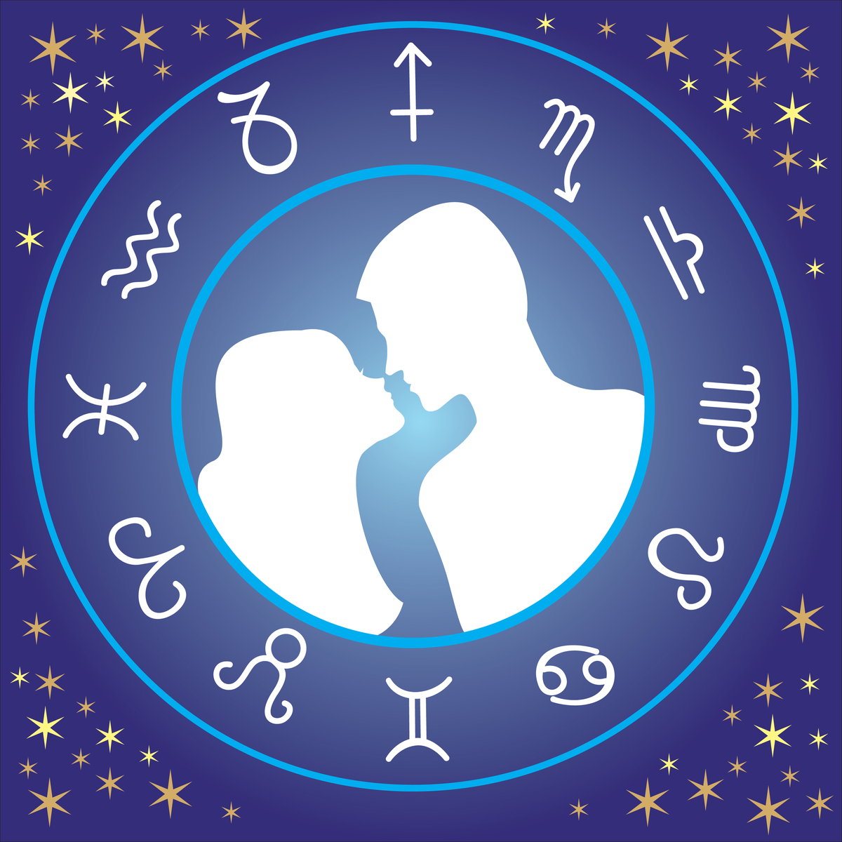 White silhouette of man and woman about to kiss with the zodiac signs framing them in a circle around them.