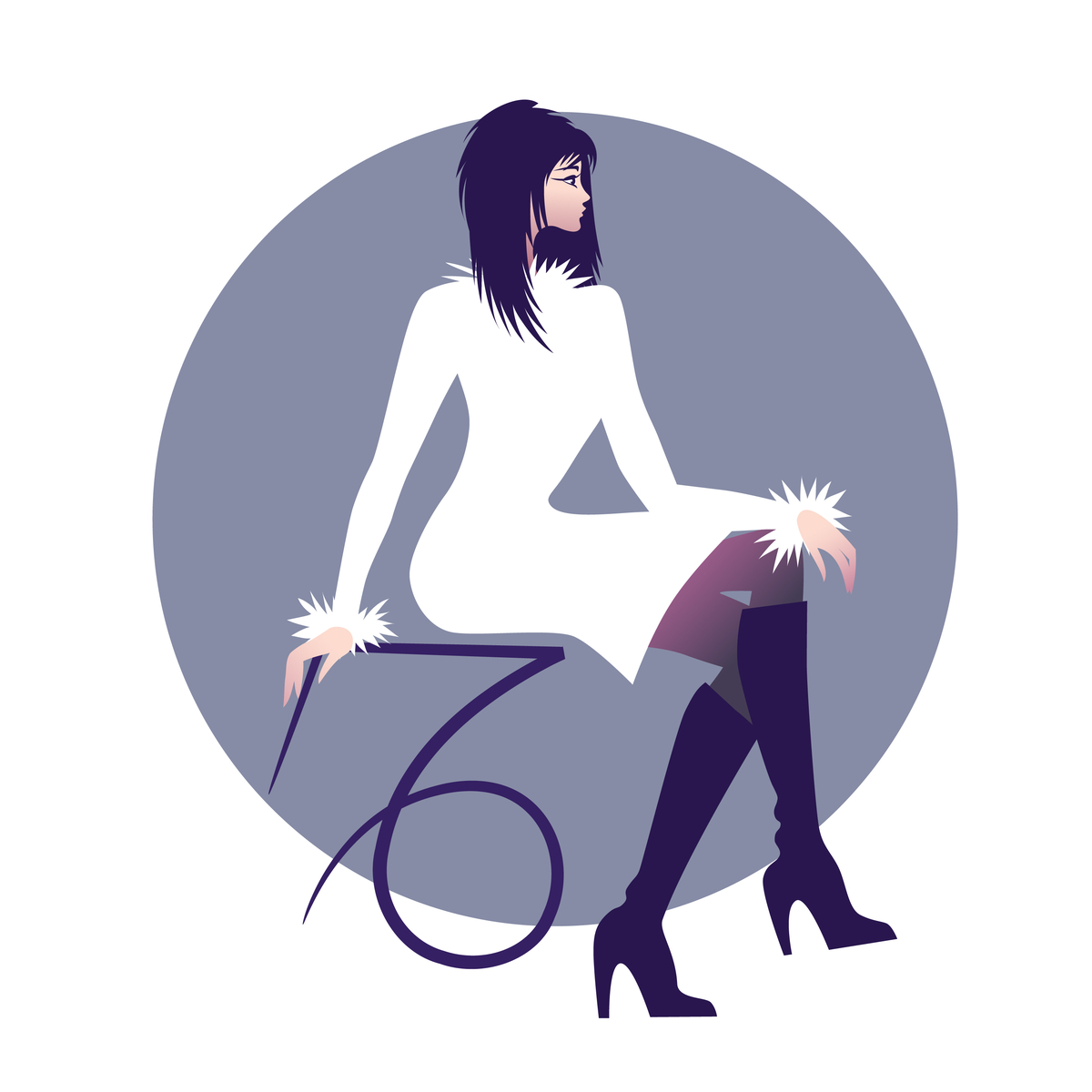 Woman with white dress and knee-high boots sitting on the Capricorn Zodiac Sign next to her.