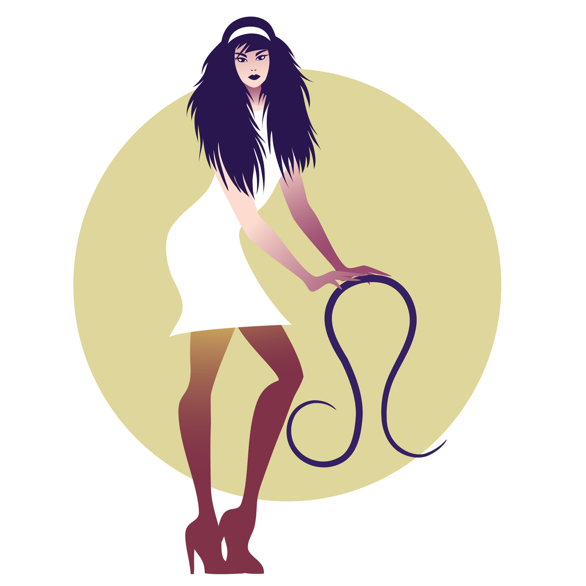 Woman with white dress and brown stockings standing with her hands on the Leo Zodiac Sign next to her.