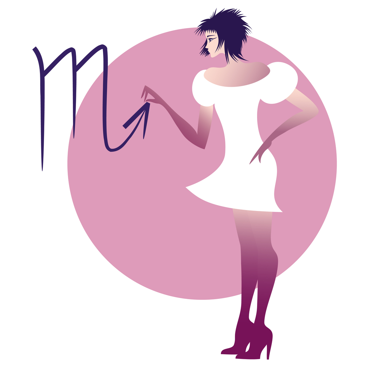 Woman with white dress and purple stockings standing with her hand on the Scorpio Zodiac Sign next to her.