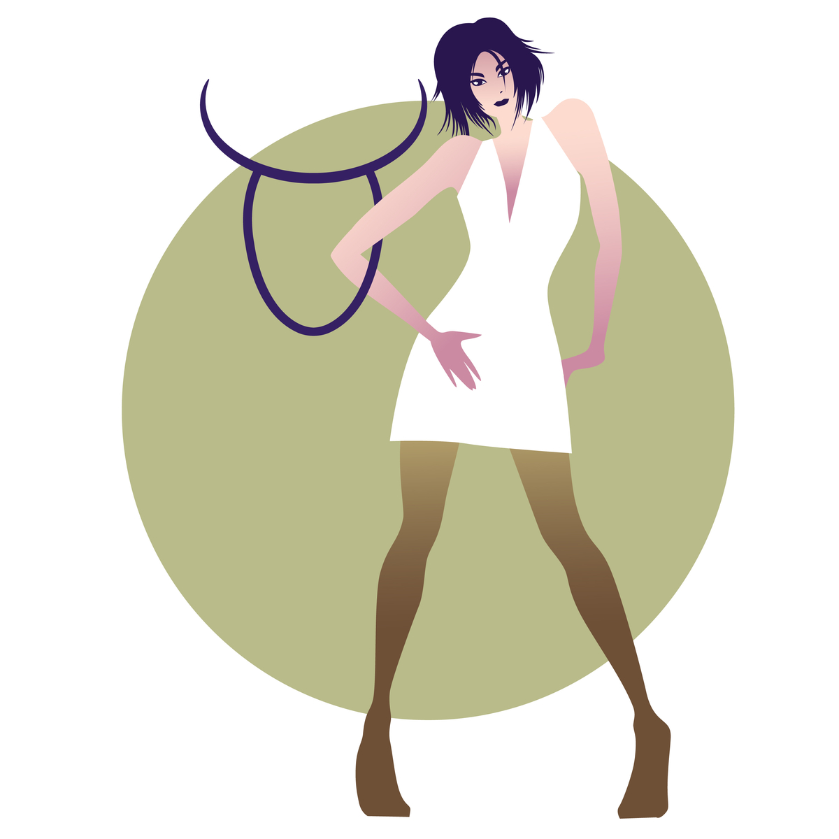 Woman with white dress and green stockings standing with her hand on her hip with the Taurus Zodiac Sign next to her.
