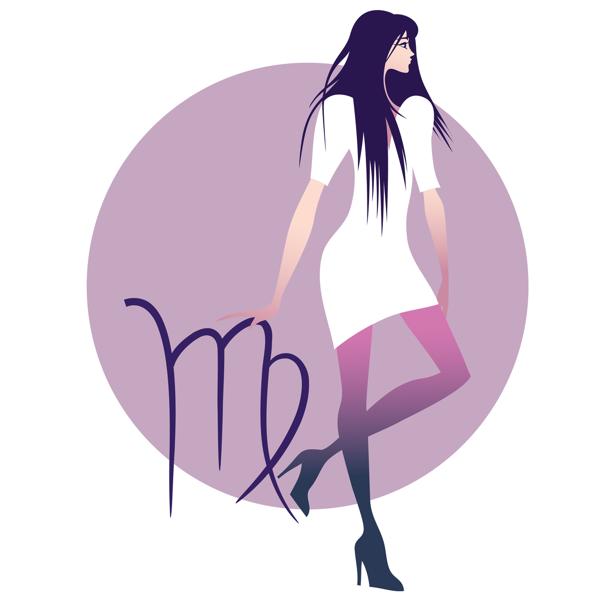 Woman with white dress and purple stockings standing with her hand on the Virgo Zodiac Sign next to her.